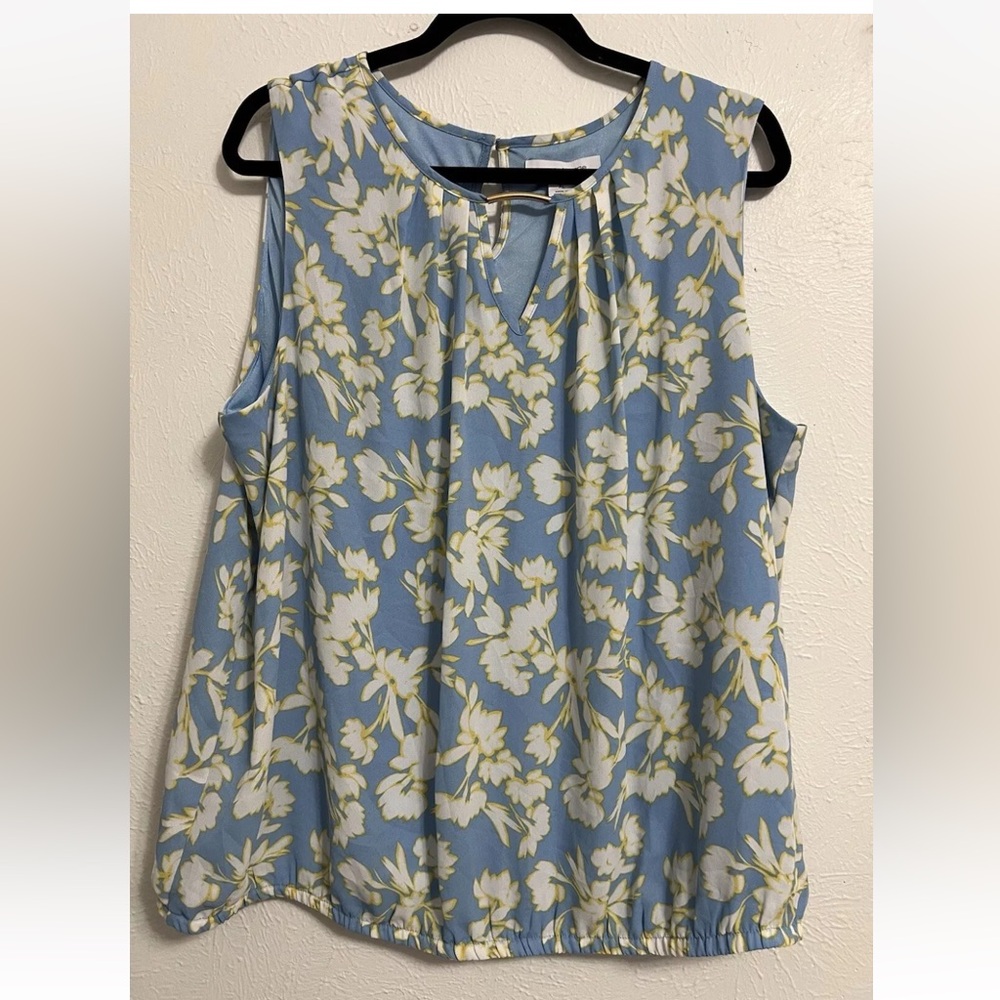 Liz Claiborne Sky Blue and Cream Floral Sleeveless Blouse Top Size XL